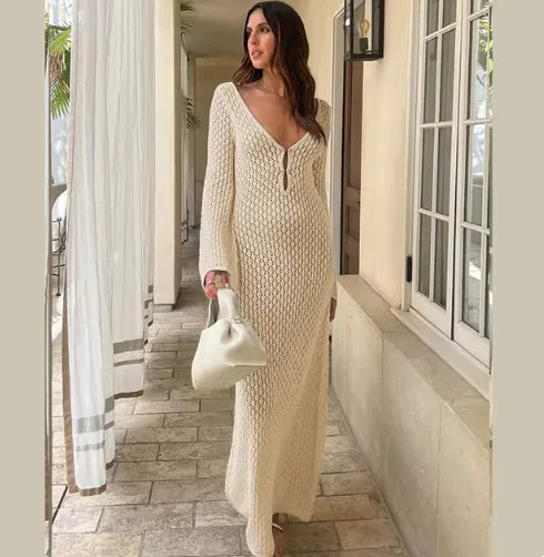 Beach Dress - Sheer V-Neck /Knitted Long Sleeve Cover-Up