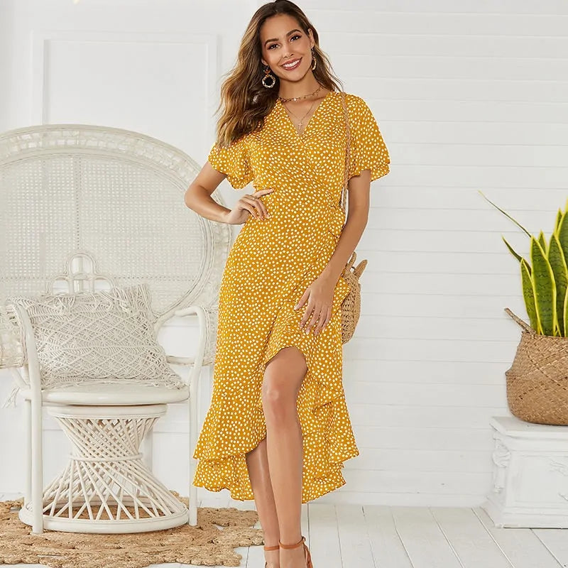 Floral Print Boho Dress - Casual V-Neck