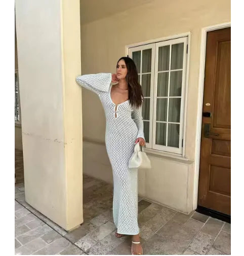 Beach Dress - Sheer V-Neck /Knitted Long Sleeve Cover-Up