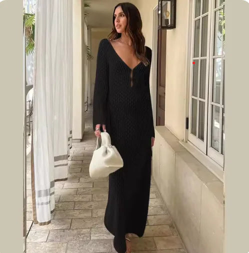 Beach Dress - Sheer V-Neck /Knitted Long Sleeve Cover-Up