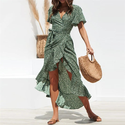 Floral Print Boho Dress - Casual V-Neck